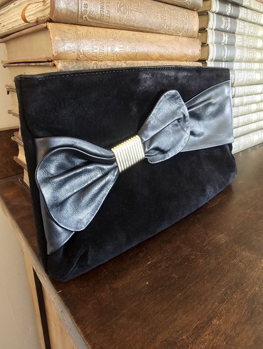 VTG Jacobson’s Black Suede & Leather Bow Clutch | Gold Ribbon Accent | Crossbody